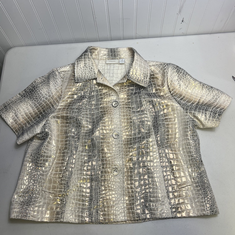 Chico's Metallic Alligator Print Blazer Jacket Sz 3 Swing Style